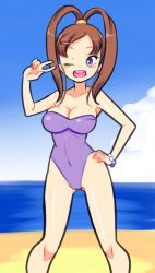 Rule 34 | 1girl, amano nene (digimon xros wars), beach, blush, bracelet, breasts, brown hair, cleavage, cloud, collarbone, digimon, digimon xros wars, drantyno, hair ornament, hairclip, hand on own hip, jewelry, large breasts, long hair, ocean, one-piece swimsuit, one eye closed, open mouth, purple eyes, purple one-piece swimsuit, sand, sky, smile, solo, split ponytail, swimsuit, teeth, v, water, wink