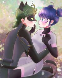 Rule 34 | 1boy, 1girl, adrien agreste, black bodysuit, black mask, blue eyes, blue hair, blurry, blurry background, blurry edges, blush, bodysuit, cat boy, catnoir love, chat walker, dated, double bun, green eyes, green hair, grey bodysuit, grey mask, hair bun, highres, looking at another, marinette dupain-cheng, mask, miraculous ladybug, multimouse (character), signature, sitting, sitting on lap, sitting on person