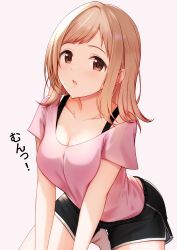Rule 34 | 1girl, absurdres, barefoot, black shorts, breasts, brown eyes, cleavage, collarbone, commentary request, cowboy shot, dolphin shorts, highres, idolmaster, idolmaster shiny colors, kneeling, light blush, light brown hair, long hair, looking at viewer, medium breasts, miyar2d2, parted lips, pink background, pink shirt, sakuragi mano, shirt, short shorts, short sleeves, shorts, sidelocks, simple background, single bare shoulder, solo, swept bangs, translation request