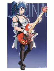 Rule 34 | 1girl, alternate costume, apron, blue eyes, blue hair, blush, bow, burnt green tea, cape, dress, falchion (fire emblem), fire emblem, fire emblem awakening, frilled hairband, frills, glasses, gloves, guitar, hair between eyes, hairband, headdress, highres, instrument, long hair, looking at viewer, lucina (fire emblem), maid, maid headdress, nintendo, pantyhose, ponytail, ribbon, simple background, smile, solo, super smash bros., tiara