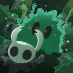 1boy floors hollow_knight knight_(hollow_knight) massive_moss_charger_(hollow_knight) moss nature pursued red_eyes