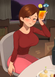 Rule 34 | 1girl, alcohol, arm up, barleyshake, blush, bottle, box, breasts, brown eyes, brown hair, casual, chair, cheese, cocktail, cocktail umbrella, cup, curtains, curvy, drink, drunk, elastigirl, food, half-closed eyes, helen parr, highres, holding, holding cup, large breasts, long sleeves, looking at viewer, mature female, open mouth, pants, pink pants, plate, red shirt, shirt, short hair, sitting, solo, table, the incredibles, white curtains, window