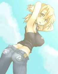 Rule 34 | 1girl, armpits, arms behind head, black shirt, breasts, brown eyes, butt crack, cloud, cloudy sky, denim, female focus, ga geijutsuka art design class, interlocked fingers, jeans, large breasts, light brown hair, looking at viewer, nozaki namiko, oteruko (wanabeee), own hands clasped, own hands together, pale color, pants, shirt, sky, solo, sweat, tank top