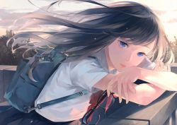 Rule 34 | 1girl, against railing, bag, black hair, blue eyes, blue skirt, cloud, cloudy sky, commentary request, crossed arms, floating hair, long hair, looking at viewer, original, parted lips, pleated skirt, railing, school bag, shirt, short sleeves, shoulder bag, skirt, sky, solo, sousou (sousouworks), sunset, white shirt, wind