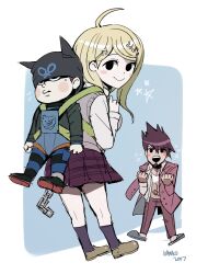 Rule 34 | 1girl, 2017, 2boys, ahoge, akamatsu kaede, animal ear headwear, animal ears, artist name, asymmetrical sleeves, baby carrier, beanie, black eyes, black hat, black pants, black shirt, black sleeves, blanko!, blonde hair, blue background, blue pants, blue shirt, blush stickers, brown footwear, brown hair, buttons, cat ears, clenched hands, closed mouth, coat, coat partially removed, collared jacket, collared shirt, commentary, cuffs, danganronpa (series), danganronpa v3: killing harmony, denim, diaper, eyelashes, facial hair, fake animal ears, flying sweatdrops, fortissimo, from behind, goatee, grey footwear, hair ornament, hat, height difference, high collar, highres, hoshi ryoma, jacket, jeans, kneehighs, layered sleeves, leather, leather jacket, long hair, long sleeves, looking at another, looking at viewer, looking back, miniskirt, mismatched sleeves, momota kaito, multiple boys, musical note, musical note hair ornament, open mouth, pants, parted lips, pectoral cleavage, pectorals, pink coat, pink pants, pink sleeves, plaid, plaid skirt, pleated skirt, pocket, purple hair, purple skirt, purple socks, purple vest, shackles, shaded face, shadow, shirt, shoes, short hair, simple background, single ankle cuff, skirt, slippers, smile, socks, spiked hair, star (symbol), striped clothes, striped pants, striped shirt, sweatdrop, teeth, two-sided coat, two-sided fabric, two-tone background, two-tone pants, two-tone shirt, upper teeth only, vest, white background, white jacket, white shirt, white sleeves