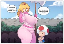 Rule 34 | 1boy, 1girl, absurdres, belt, blonde hair, blue eyes, blue sky, bodysuit, breasts, covered erect nipples, cowboy shot, crown, cumbread, day, earrings, gloves, highres, holding, holding weapon, jewelry, large breasts, lips, long hair, looking at viewer, mario (series), nintendo, open mouth, outdoors, pink bodysuit, pink gloves, plump, polearm, princess peach, scarf, sky, speech bubble, standing, text focus, the super mario bros. movie, toad (mario), weapon