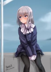 Rule 34 | 10s, 1girl, artist name, black pantyhose, black skirt, blue coat, blue eyes, blush, closed mouth, cloud, cloudy sky, coat, day, girls und panzer, gloves, haruhata mutsuki, itsumi erika, long hair, long sleeves, looking away, looking to the side, miniskirt, pantyhose, pleated skirt, scarf, school uniform, signature, silver hair, sitting, skirt, sky, solo, twitter username, v arms, white gloves, white scarf, winter clothes
