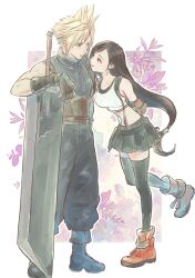 Rule 34 | 1boy, 1girl, arms behind back, bare shoulders, black gloves, black hair, black skirt, black thighhighs, blonde hair, blue eyes, blush, breasts, buster sword, cloud strife, crop top, earrings, eye contact, final fantasy, final fantasy vii, final fantasy vii remake, floral background, full body, gloves, height difference, highres, huge weapon, jewelry, leaning forward, long hair, looking at another, looking at viewer, low-tied long hair, medium breasts, midriff, ninnin5tora, red eyes, red footwear, ribbed turtleneck sweater, single earring, single sidelock, skirt, sleeveless, sleeveless turtleneck, smile, spiked hair, square enix, standing, standing on one leg, suspender skirt, suspenders, sweater, swept bangs, tank top, teardrop earring, thighhighs, tifa lockhart, turtleneck, turtleneck sweater, weapon, white tank top, zettai ryouiki