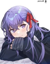 Rule 34 | 1girl, absurdres, asymmetrical hair, black jacket, closed mouth, crossed bangs, dated, eyelashes, fate/stay night, fate (series), hair between eyes, hair ribbon, hand on own arm, head rest, highres, jacket, light blush, long hair, long sleeves, looking at viewer, matou sakura, no pupils, portrait, purple eyes, purple hair, red ribbon, ribbon, sleeves past wrists, smile, solo, user hwnu4245, white background