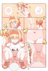 Rule 34 | !, 1girl, ahoge, bad id, bad pixiv id, blonde hair, blush, border, bow, bow panties, braid, braided bun, breasts, buruma, character name, close-up, closed mouth, clothes writing, comic, commission, cowboy shot, crotch, ecstasy mamo, embarrassed, emphasis lines, fate/grand order, fate (series), female focus, flying sweatdrops, from behind, from side, full body, green eyes, gym uniform, hair bun, hair intakes, hairband, half-closed eye, hand on own knee, hand on own thigh, have to pee, indoors, japanese text, looking at viewer, lower body, medium breasts, multiple views, nero claudius (fate), nero claudius (fate) (all), nero claudius (olympian bloomers) (fate), nose blush, notice lines, one eye closed, orange background, outside border, panties, pee, peeing, peeing self, pink panties, puffy short sleeves, puffy sleeves, red buruma, red footwear, red hairband, running, shirt, shoes, short sleeves, sidelocks, single hair bun, skeb commission, sneakers, socks, speech bubble, spread legs, squat toilet, squatting, standing, straight-on, teeth, toilet use, translated, trembling, underwear, upper body, wet, wet clothes, wet panties, white border, white shirt, white socks, wince, zoom layer