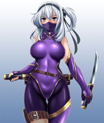 Rule 34 | 1girl, alternate costume, bare shoulders, black headband, blush, bodysuit, breasts, elbow gloves, gloves, gradient background, grey eyes, hachimaki, hair between eyes, hair flaps, headband, holding, holding weapon, kantai collection, large breasts, latex, long hair, looking at viewer, mask, one side up, parody, silver hair, skin tight, solo, suzutsuki (kancolle), sword, taimanin (series), taimanin suit, thighs, weapon, zanntetu