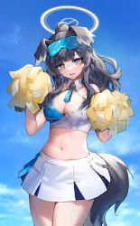 Rule 34 | 1girl, absurdres, ahoge, animal ears, bare shoulders, black hair, black tail, blue archive, blue eyes, blue sky, blush, breasts, cheerleader, cleavage, collar, cowboy shot, criss-cross halter, crop top, detached collar, dog ears, dog girl, dog tail, dot nose, eyewear on head, facial mark, halo, halterneck, hands up, hibiki (blue archive), hibiki (cheer squad) (blue archive), highres, long hair, looking at viewer, medium breasts, millennium cheerleader outfit (blue archive), miniskirt, nannaspad, navel, outdoors, parted lips, pleated skirt, pom pom (cheerleading), raised eyebrows, skirt, sky, solo, star (symbol), star facial mark, stomach, tail, text print, thighs, white collar, white skirt