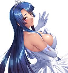 Rule 34 | 1girl, bare shoulders, blue hair, blush, breasts, bride, cleavage, covered erect nipples, curvy, dress, female focus, happy, jewelry, kagami hirotaka, large breasts, lilith-soft, long hair, looking at viewer, looking back, makeup, nipples, red eyes, ring, shiny skin, simple background, smile, solo, standing, taimanin (series), taimanin asagi, taimanin asagi kessen arena, tearing, tears, third-party edit, wedding dress, white background, yatsu murasaki