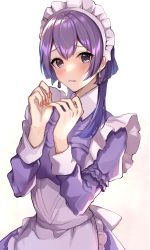 Rule 34 | 1girl, absurdres, alternate costume, apron, bad id, bad pixiv id, bernadetta von varley, black eyes, blush, brown background, cowboy shot, dress, earrings, embarrassed, enmaided, fingernails, fire emblem, fire emblem: three houses, frilled apron, frills, gradient background, hands up, highres, jewelry, long sleeves, maid, nintendo, parted lips, purple dress, purple hair, satoimo chika, short hair with long locks, simple background, solo, white apron, white background
