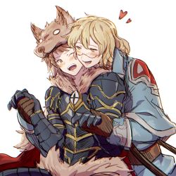 Rule 34 | 10s, 2boys, armor, bad id, bad pixiv id, blonde hair, blush, brown gloves, brown hair, claws, fur trim, glasses, gloves, gran (granblue fantasy), granblue fantasy, hajime (gitoriokawaii), holding hands, heart, looking at another, male focus, multiple boys, open mouth, simple background, smile, white background, white theme, will (granblue fantasy), yaoi