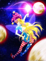 Rule 34 | 1girl, aichi genjin, american flag dress, american flag legwear, blonde hair, clownpiece, fairy wings, grin, hand on own hip, hat, highres, jester cap, long hair, looking back, moon, pantyhose, red eyes, smile, solo, space, star (sky), star (symbol), striped clothes, striped pantyhose, torch, touhou, very long hair, wings
