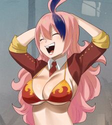 Rule 34 | 1girl, bikini, bikini top only, breasts, cleavage, closed eyes, colorized, dead rock, freyr (dead rock), gaston18, highres, large breasts, long hair, mashima hiro, multicolored hair, open mouth, pink hair, smile, solo, swimsuit, teeth, two-tone hair, underboob