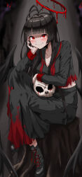 absurdres black_footwear black_hair black_nails black_sailor_collar black_serafuku black_skirt black_wings blood blood_halo blue_archive breasts cleavage halo hand_on_own_cheek hand_on_own_face highres hoppo_(waht_b) large_breasts liquid_halo long_hair long_skirt looking_at_viewer low_wings red_eyes red_halo red_skirt sailor_collar school_uniform serafuku skirt skull tsurugi_(blue_archive) two-tone_skirt wings