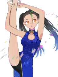 Rule 34 | 1girl, :o, absurdres, alternate costume, alternate hairstyle, arms up, bare arms, black hair, black shorts, blue dress, breasts, china dress, chinese clothes, cleavage, commentary request, creatures (company), dress, eyelashes, freckles, game freak, green hair, highres, holding own leg, kana (kanna runa0620), looking to the side, medium breasts, multicolored hair, nemona (pokemon), nintendo, open mouth, orange eyes, pokemon, pokemon sv, shorts, solo, split, standing, standing on one leg, standing split, twintails, two-tone hair, white background