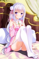 Rule 34 | 10s, 1girl, arm at side, bare shoulders, bed, blush, breasts, cleavage, clothes lift, clothing cutout, crystal, curtains, dress, dress lift, elf, emilia (re:zero), eyebrows, feet, flower, full body, garter straps, grey hair, hair flower, hair ornament, highres, knees up, long hair, looking at viewer, looking to the side, medium breasts, multi-tied hair, no shoes, on bed, panties, pantyshot, parted lips, pillow, pink dress, pink ribbon, pointy ears, purple eyes, re:zero kara hajimeru isekai seikatsu, red flower, ribbon, shadow, shiny skin, short dress, shoulder cutout, sitting, smile, solo, thighhighs, underwear, very long hair, wall, white flower, white hair, white thighhighs, wide sleeves, yagami-all hail nanao