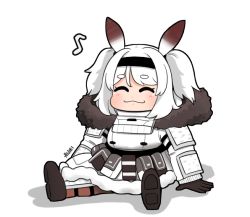 Rule 34 | 1girl, :3, alvis (last origin), belt pouch, chibi, cjrb1228, closed eyes, fur jacket, gloves, headband, jacket, last origin, musical note, pouch, shoes, signature, sitting, solo, two side up, white hair