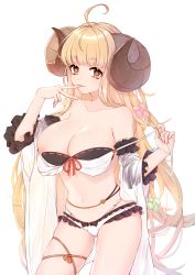 Rule 34 | 1girl, absurdres, ahoge, anila (granblue fantasy), anila (summer) (granblue fantasy), bikini, blonde hair, blunt bangs, breasts, brown eyes, collarbone, commentary request, curled horns, detached sleeves, draph, granblue fantasy, heart, heart-shaped pupils, highres, horns, large breasts, long hair, looking at viewer, navel, nipples, saliva, simple background, solo, swimsuit, symbol-shaped pupils, thick eyebrows, very long hair, white background, white bikini, yuxuekeith