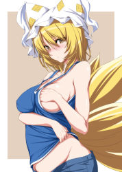 Rule 34 | 1girl, alternate costume, animal hat, bare arms, bare shoulders, blonde hair, blue pants, blue shirt, blush, border, breasts, brown background, brown eyes, covered erect nipples, cowboy shot, fox tail, grabbing own breast, groin, hair between eyes, hat, highres, long hair, looking at viewer, medium breasts, mob cap, multiple tails, no bra, nori tamago, nose blush, ofuda, pants, shirt, solo, standing, tail, tank top, touhou, two-tone background, white background, white border, white hat, yakumo ran