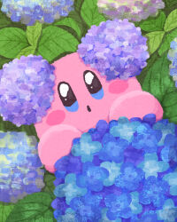 Rule 34 | blue eyes, blue flower, blush stickers, flower, highres, hydrangea, kirby, kirby (series), leaf, looking at viewer, miclot, nintendo, no humans, open mouth, outdoors, purple flower, sparkling eyes