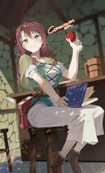 Rule 34 | 1girl, apple, blush, book, boots, breasts, brown footwear, capelet, character request, closed mouth, commission, copyright request, cup, food, fruit, green capelet, green eyes, highres, holding, holding book, holding food, holding fruit, indoors, long hair, looking at viewer, mads ez, medium breasts, mug, quill, red hair, short sleeves, sitting, skirt, smile, solo, tankard, twitter username, white skirt