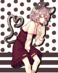 Rule 34 | 1girl, animal ears, between legs, capelet, female focus, finger in own mouth, gem, hand between legs, heart, heart tail, jewelry, leaning forward, mouse ears, mouse tail, nazrin, necklace, one eye closed, pendant, red eyes, shirt, silver hair, skirt, skirt set, solo, tail, touhou, wink, yunuki, yunuki uta