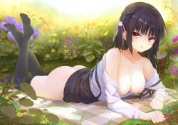 Rule 34 | 1girl, :o, absurdres, arched back, ass, black hair, black skirt, black thighhighs, blanket, blouse, braid, breasts, cafe stella to shinigami no chou, clenched hands, clothes lift, collarbone, feet, feet up, flower, full body, garden, grass, hair flower, hair ornament, hair ribbon, haku89, highres, huge filesize, leaf, long hair, looking at viewer, lying, medium breasts, mole, mole under eye, nipples, no bra, no panties, no shoes, on stomach, open clothes, open mouth, open shirt, outdoors, parted lips, pencil skirt, ribbon, shiki natsume, shirt, side braid, signature, single braid, skirt, skirt lift, soles, solo, suspender skirt, suspenders, the pose, thighhighs, thighs, white shirt, yellow eyes, yuzu-soft