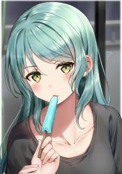 Rule 34 | 1girl, ?, absurdres, aqua hair, bang dream!, black shirt, blurry, blurry background, blush, collarbone, feeding, food, green eyes, hand on another&#039;s hand, highres, hikawa sayo, holding, holding food, long hair, looking at viewer, mia (fai1510), open mouth, popsicle, pov, shirt, solo focus, sweat, upper body