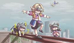 Rule 34 | 4koma, :d, algodoo, alice margatroid, animal ears, arm warmers, arrow (symbol), balancing, black footwear, black skirt, blonde hair, blue dress, boots, brown footwear, brown shirt, building, cityscape, cloud, cloudy sky, comic, commentary request, cookie (touhou), day, drddrddo, dress, fake nyon (cookie), falling, full body, grey skirt, head-mounted display, ichigo (cookie), joker (cookie), long sleeves, mouse ears, mouse girl, mouse tail, nazrin, nyon (cookie), open mouth, outdoors, panties, pinafore dress, pink dress, pink panties, pointy ears, sash, shirt, shoes, short hair, short sleeves, skirt, sky, skyscraper, sleeveless, sleeveless dress, smile, socks, standing, standing on one leg, steel beam, tail, touhou, underwear, white sash, white shirt