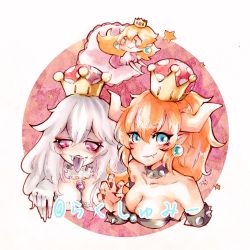 Rule 34 | 3girls, alternate hair color, aqua eyes, artist request, bare shoulders, blonde hair, blush, bowsette, bracelet, breasts, brooch, chibi, choker, claw pose, cleavage, collar, crown, dress, earrings, fang, fang out, fangs, flying, ghost pose, gloves, gradient hair, grey hair, highres, horns, jewelry, long hair, looking at viewer, luigi&#039;s mansion, mario (series), marker (medium), medium breasts, multicolored hair, multiple girls, new super mario bros. u deluxe, nintendo, pink background, pink dress, ponytail, princess king boo, princess peach, puffy short sleeves, puffy sleeves, red hair, short hair, short sleeves, smile, solid oval eyes, spiked bracelet, spiked collar, spikes, star (symbol), strapless, strapless dress, super crown, traditional media, twitter username, upper body, white background, white gloves