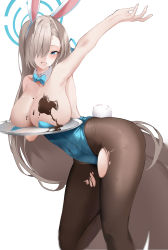 Rule 34 | 1girl, absurdres, animal ears, arm up, armpits, ass, asuna (blue archive), asuna (bunny) (blue archive), bare arms, bare shoulders, black pantyhose, blue archive, blue bow, blue bowtie, blue eyes, blue leotard, blush, bow, bowtie, breasts, breasts on tray, chocolate, chocolate on body, chocolate on breasts, cleavage, commentary, detached collar, fake animal ears, food on body, hair over one eye, halo, highleg, highleg leotard, highres, holding, holding tray, leg up, leotard, light brown hair, long hair, looking at viewer, mole, mole on breast, nevin (flyskying), no nipples, one breast out, outstretched arm, pantyhose, parted lips, playboy bunny, rabbit ears, rabbit tail, simple background, smile, solo, standing, standing on one leg, strapless, strapless leotard, tail, torn clothes, torn pantyhose, traditional bowtie, tray, very long hair, white background