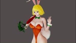 Rule 34 | 1girl, 3d, animal ears, animated, blonde hair, breasts, carrot, carrot (one piece), detached collar, fellatio, grey background, large breasts, leotard, nipples, nude, one eye closed, one piece, open mouth, orange leotard, playboy bunny, rabbit ears, rabbit girl, rabbit tail, screencap, short hair, simple background, simulated fellatio, solo, sound, strapless, strapless leotard, v, video, wanereart3d, wink, wrist cuffs