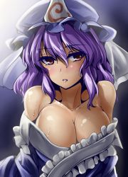 Rule 34 | 1girl, bare shoulders, blush, breasts, cleavage, close-up, collarbone, female focus, frills, gradient background, hair between eyes, hat, highres, japanese clothes, kimono, large breasts, off shoulder, parted lips, purple hair, red eyes, saigyouji yuyuko, shiny skin, short hair, simple background, solo, sweatdrop, touhou, upper body, y2