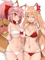 Rule 34 | 10s, 2girls, animal ear fluff, animal ears, animal hands, bare shoulders, bikini, blush, bow, bracelet, breast press, breasts, brown hair, cat hair ornament, cat paws, choker, cleavage, collar, commentary request, eyebrows, fang, fate/extra, fate/extra ccc, fate/extra ccc fox tail, fate/grand order, fate (series), fox ears, fox tail, hair bow, hair ornament, hand up, hip focus, jewelry, large breasts, long hair, looking at viewer, multiple girls, navel, one eye closed, open mouth, pink hair, ponytail, red bikini, side-tie bikini bottom, sidelocks, simple background, smile, strapless, strapless bikini, suzuka gozen (fate), swimsuit, symmetrical docking, tail, tamamo (fate), tamamo cat (fate), tamamo no mae (fate/extra), white background, white bikini, yaman, yaman (yamanta lov), yellow eyes