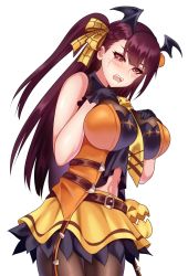 Rule 34 | 1girl, :o, bad anatomy, bad id, bad pixiv id, bare shoulders, belt, black pantyhose, blush, braid, breast suppress, breasts, brown hair, brown pantyhose, crying, crying with eyes open, girls&#039; frontline, hair ribbon, hair wings, hands on own breasts, head wings, highres, large breasts, long hair, looking at viewer, navel, official alternate costume, open mouth, pantyhose, ponytail, red eyes, ribbon, simple background, skirt, solo, sushi no kokoro, tears, very long hair, wa2000 (girls&#039; frontline), wa2000 (haunted castle) (girls&#039; frontline), white background, wings, yellow ribbon, yellow skirt