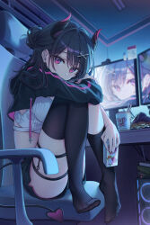Rule 34 | 1girl, ass, asymmetrical legwear, black hair, black hoodie, black shorts, black socks, black thighhighs, blurry, chair, covering own mouth, crop top, cropped hoodie, cup, dangmyo, demon horns, demon tail, depth of field, disposable cup, drawstring, ear piercing, feet, gaming chair, hair bun, highres, holding, hood, hood down, hoodie, horns, indie virtual youtuber, kneehighs, knees up, long hair, long sleeves, looking at viewer, md5 mismatch, midriff, mismatched pupils, monitor, no shoes, open clothes, open hoodie, piercing, red eyes, shirt, short shorts, shorts, single kneehigh, single sock, single thighhigh, sitting, skindentation, sleeveless, sleeveless shirt, socks, solo, swivel chair, tail, thigh strap, thighhighs, thighs, virtual youtuber, white shirt, yoino chiru