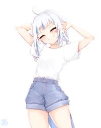 Rule 34 | 1girl, ^ ^, ahoge, alternate costume, arm behind head, arms up, artist name, blue hair, blue shorts, blunt bangs, blush, closed eyes, closed mouth, commentary, cowboy shot, denim, denim shorts, english commentary, fins, fish tail, gawr gura, head tilt, high-waist shorts, highres, hololive, hololive english, low twintails, ma draws, medium hair, multicolored hair, shark tail, shirt, shirt tucked in, short shorts, short sleeves, shorts, sidelocks, signature, simple background, smile, solo, standing, streaked hair, t-shirt, tail, twintails, virtual youtuber, w, white background, white hair, white shirt