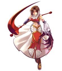 Rule 34 | 1girl, armlet, armor, armored dress, boots, breasts, brown hair, buckle, chain, claws, cross-laced footwear, dress, full body, hirano katsuyuki, hiro (spectral force), lace-up boots, medium breasts, midriff, navel, official art, red eyes, scythe, short hair, solo, spectral (series), spectral force, spectral souls, spectral vs generation, tabard, white background