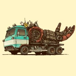 Rule 34 | absurdres, brown background, cable, gottani, headlight, highres, mecha, motor vehicle, open hand, original, robot, science fiction, severed arm, severed limb, shadow, truck, vehicle focus, wheel