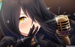 Rule 34 | 1girl, absurdres, black choker, black gloves, black hair, black jacket, brown eyes, choker, collared shirt, commentary request, glint, gloves, goom (goomyparty), hair over one eye, hands up, highres, jacket, long hair, looking at viewer, manhattan cafe (umamusume), microphone, necktie, open mouth, shirt, solo, sweat, twitter username, umamusume, v-shaped eyebrows, white shirt, yellow necktie