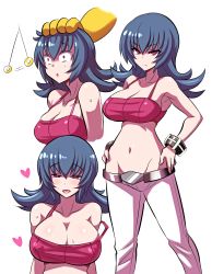 Rule 34 | &gt;:(, 1girl, :d, absurdres, angry, armpits, bare shoulders, belt, bikini, bikini top only, black hair, blush, bracelet, brainwash, breast expansion, breasts, cleavage, collarbone, commentary request, corruption, covered erect nipples, creatures (company), flipped hair, game freak, gen 1 pokemon, grey hair, groin, gym leader, hands on own hips, heart, heart-shaped pupils, highres, hypno, hypnosis, jewelry, konno tohiro, large breasts, long hair, looking at viewer, lowleg, lowleg pants, mind control, multiple views, naughty face, navel, nintendo, npc trainer, open mouth, pants, pendulum, pokemon, pokemon (creature), pokemon hgss, red eyes, sabrina (pokemon), saliva, smile, solo focus, stomach, strap slip, sweat, swimsuit, symbol-shaped pupils, white background