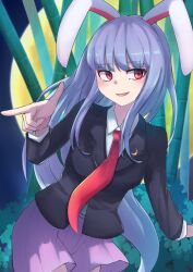 Rule 34 | 1girl, :d, absurdres, animal ears, bamboo, blush, breasts, contrapposto, cowboy shot, crescent, crescent pin, finger gun, full moon, hand up, highres, jacket, long hair, looking to the side, medium breasts, moon, necktie, night, open mouth, pleated skirt, purple hair, rabbit ears, red eyes, red necktie, reisen udongein inaba, rurimaringo, shirt, skirt, smile, solo, touhou, very long hair