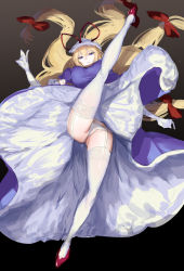 Rule 34 | 1girl, absurdres, black background, blonde hair, breasts, commentary, elbow gloves, full moon, garter straps, gloves, gradient background, gunnjou yosio, hair ribbon, hair spread out, hat, highres, kicking, large breasts, leg up, long hair, looking at viewer, mob cap, moon, panties, puffy short sleeves, puffy sleeves, purple eyes, red footwear, red ribbon, ribbon, shoes, short sleeves, simple background, sketch, solo, thighhighs, touhou, underwear, upskirt, white garter straps, white gloves, white hat, white panties, white thighhighs, yakumo yukari