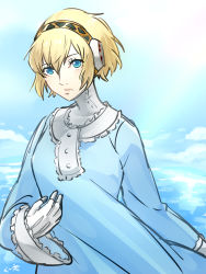 Rule 34 | 1girl, aegis (persona), android, arm up, blonde hair, blue dress, blue sky, cloud, cloudy sky, collar, collared dress, dress, frilled collar, frilled dress, frilled sleeves, frills, hair between eyes, hair intakes, hand up, highres, kokomi (aniesuakkaman), long sleeves, ocean, open mouth, parted lips, persona, persona 3, short hair, signature, simple background, sky, solo focus, sunlight, teeth, white collar, wide sleeves