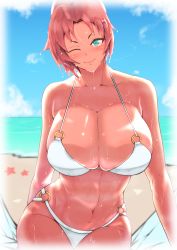 Rule 34 | 1girl, absurdres, aqua eyes, bare shoulders, beach, bikini, blue sky, blush, boudica (fate), boudica (shining goddess) (fate), breasts, cleavage, collarbone, fate/grand order, fate (series), highres, huge breasts, large breasts, looking at viewer, navel, ocean, one eye closed, red hair, shore, short ponytail, sky, smile, solo, swimsuit, thighs, wet, white bikini, zumizu