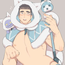Rule 34 | 1boy, abs, animal hood, bara, bare pectorals, black hair, blue capelet, blush, capelet, creature, fur-trimmed capelet, fur trim, glasses, holding, holding wand, hood, kijima hyogo, large pectorals, long sideburns, male focus, motoori shiro, muscular, muscular male, nipples, on shoulder, paw pose, pectorals, revealing clothes, short hair, sideburns, solo, stomach, sweatdrop, thick eyebrows, tokyo houkago summoners, toned, toned male, upper body, wand